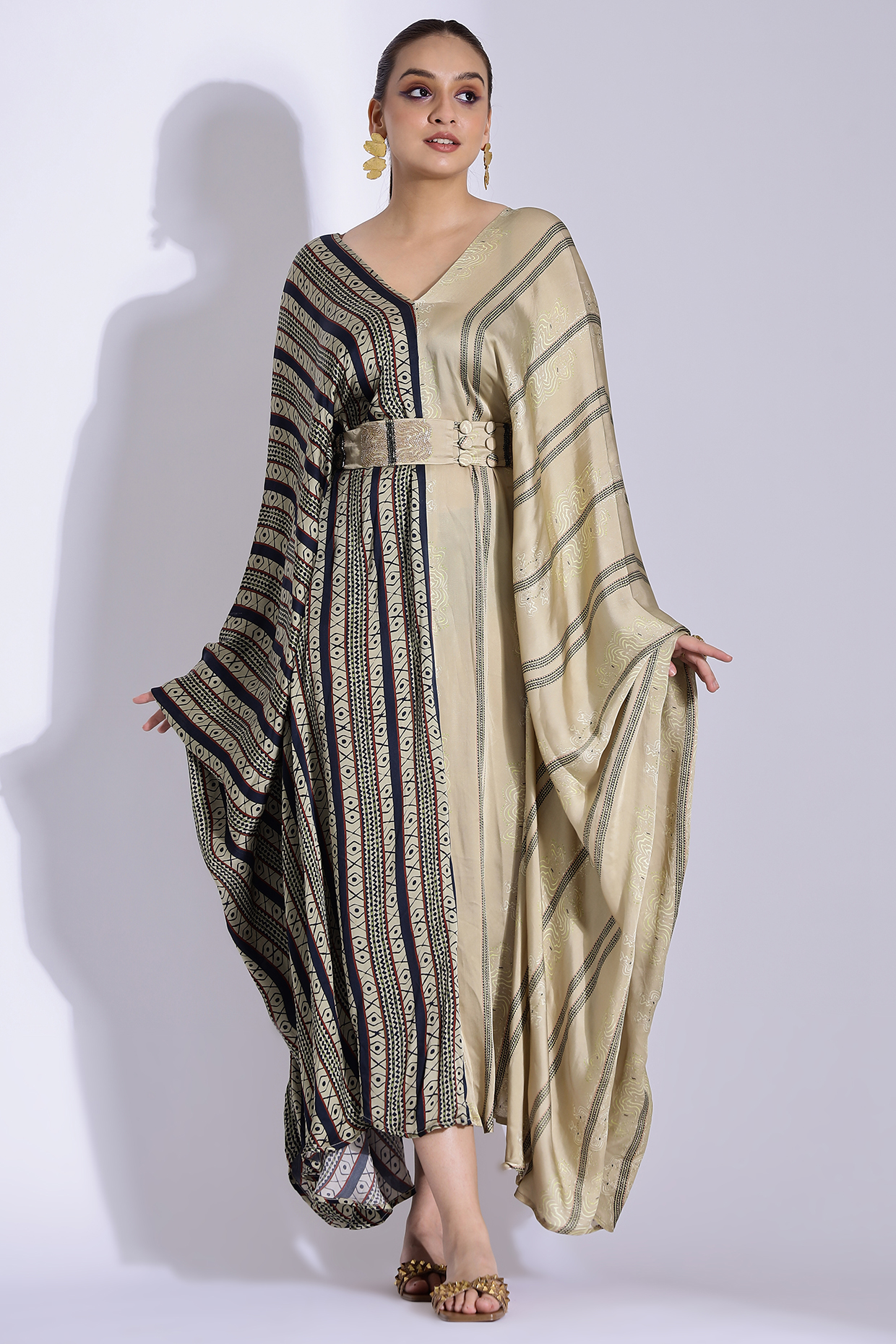 Beige Georgette Satin Digital Printed Kaftan With Belt by Studio Surbhi at Pernia's Pop Up Shop