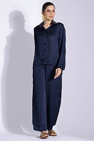 Navy Blue Georgette Satin Co-Ord Set by Studio Surbhi