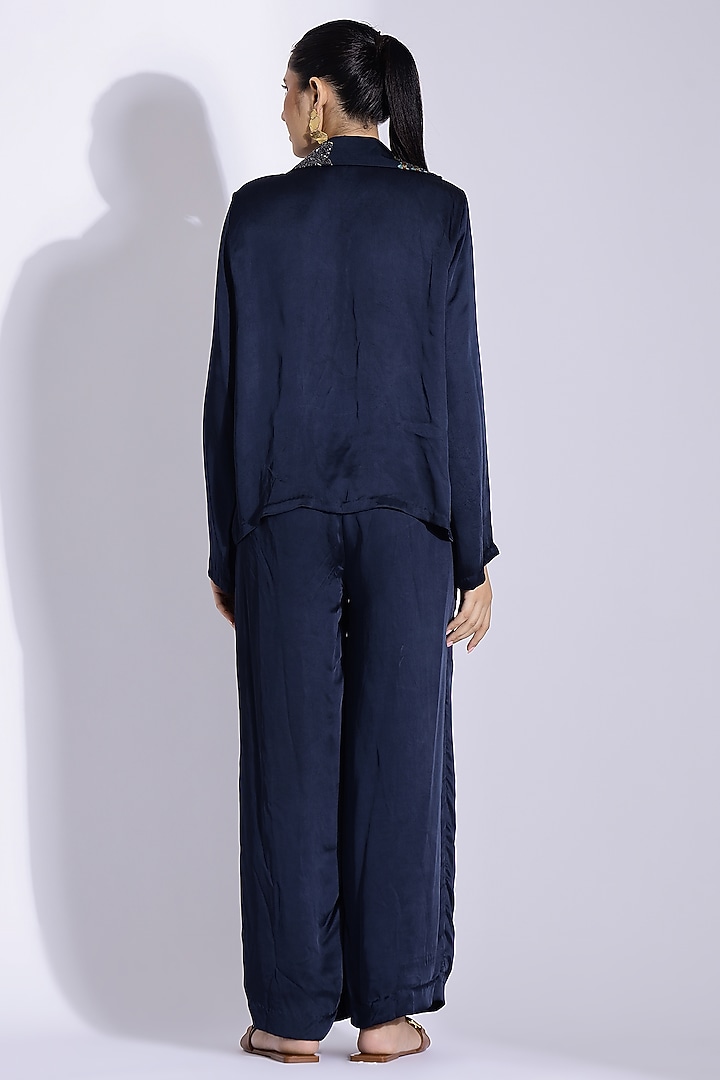Navy Blue Georgette Satin Co-Ord Set by Studio Surbhi at Pernia's Pop Up Shop