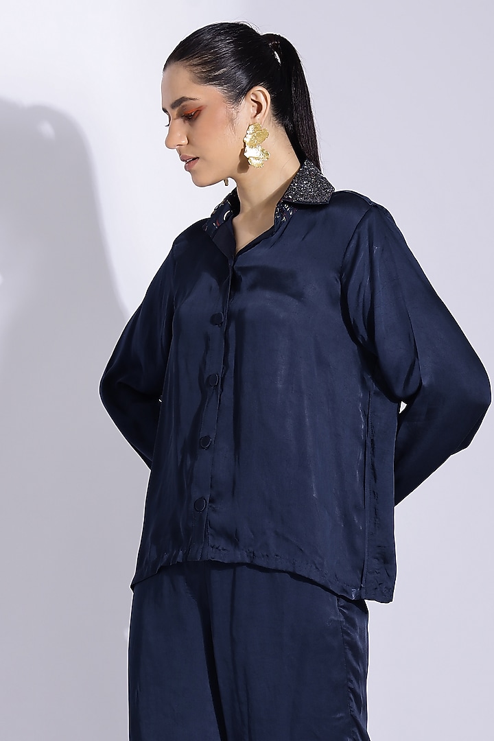 Navy Blue Georgette Satin Co-Ord Set by Studio Surbhi at Pernia's Pop Up Shop