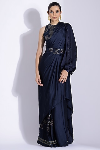 Navy Blue Georgette Satin Digital Printed Pre-Stitched Saree Set by Studio Surbhi