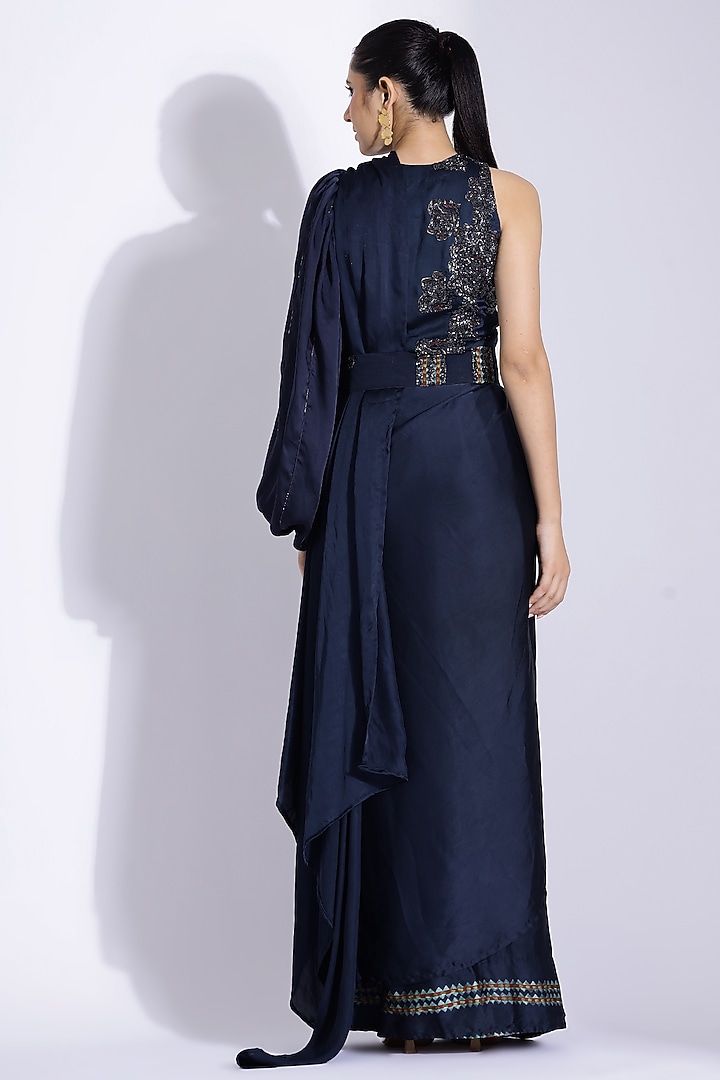 Navy Blue Georgette Satin Digital Printed Pre-Stitched Party Wear Saree Set by Studio Surbhi at Pernia's Pop Up Shop