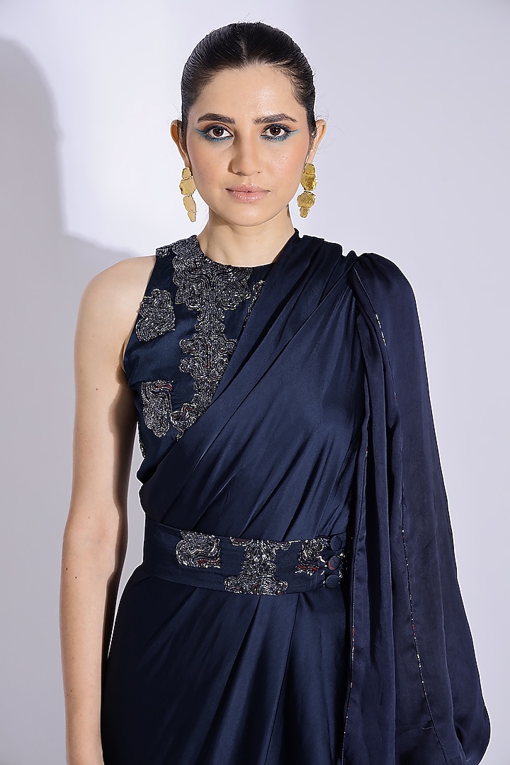 Navy Blue Georgette Satin Digital Printed Pre-Stitched Party Wear Saree Set by Studio Surbhi at Pernia's Pop Up Shop