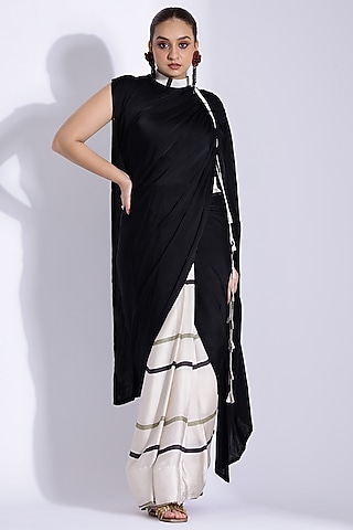 Off-White Georgette Satin Digital Printed Pre-Stitched Saree Set by Studio Surbhi