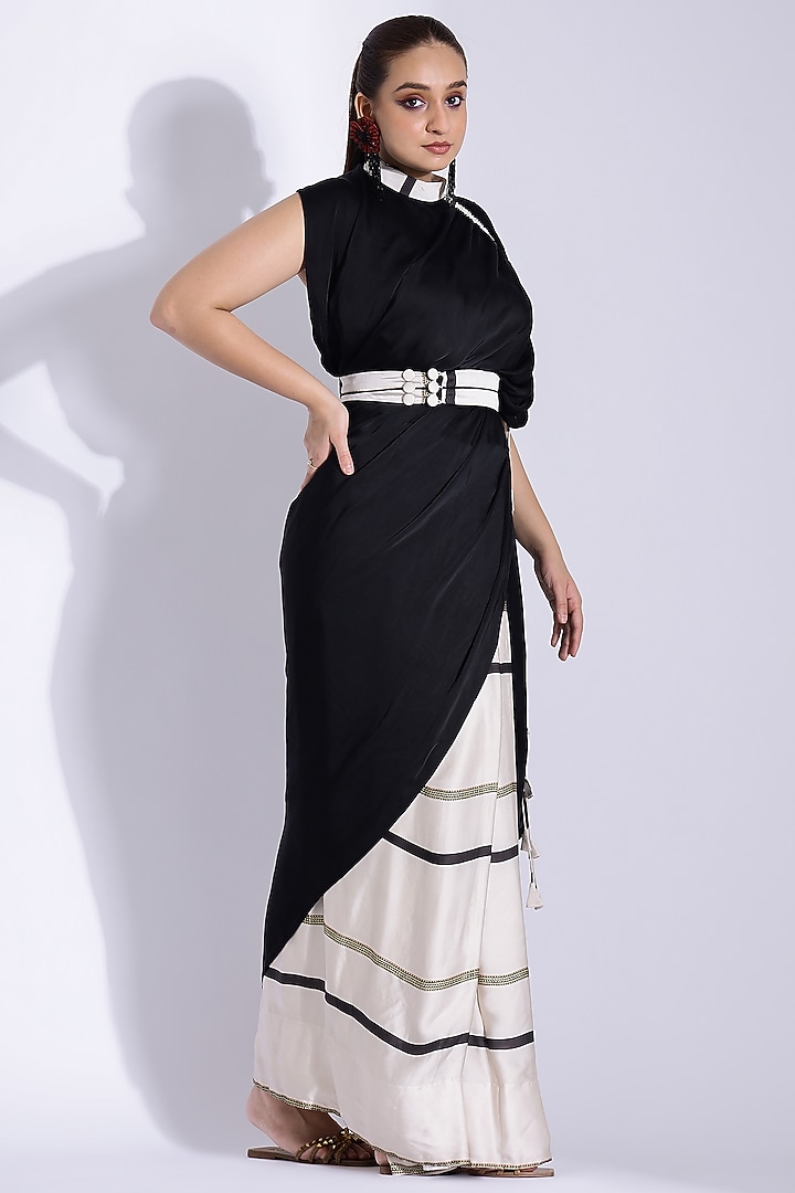 Off-White Georgette Satin Digital Printed Pre-Stitched Party Wear Saree Set by Studio Surbhi at Pernia's Pop Up Shop