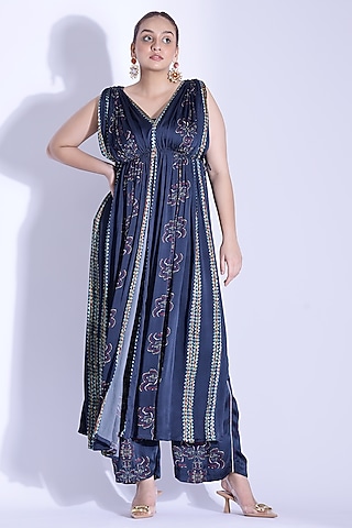 Navy blue Georgette Satin Digital Printed Draped Kurta Set by Studio Surbhi