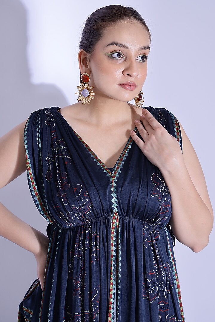 Navy blue Georgette Satin Digital Printed Draped Kurta Set by Studio Surbhi at Pernia's Pop Up Shop