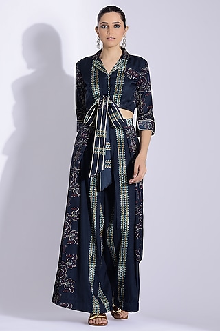 Navy Blue Cotton Silk Digital Printed Co-Ord Set by Studio Surbhi