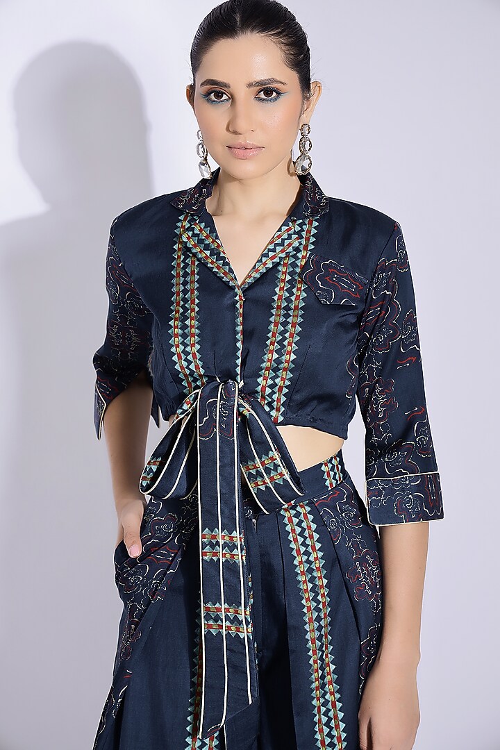 Navy Blue Cotton Silk Digital Printed Co-Ord Set by Studio Surbhi at Pernia's Pop Up Shop