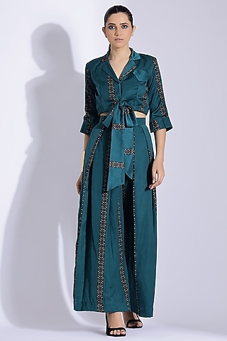 Teal Cotton Silk Digital Printed Co-Ord Set by Studio Surbhi