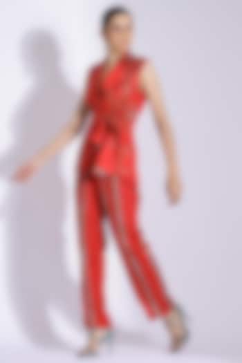 Red Cotton Silk Sleeveless Jacket Set by Studio Surbhi