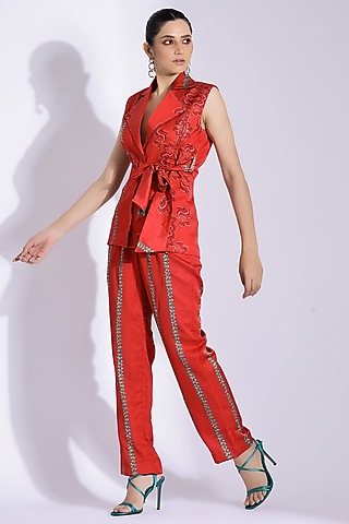 Red Cotton Silk Sleeveless Jacket Set by Studio Surbhi