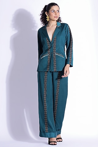 Teal Cotton Silk Jacket Set by Studio Surbhi