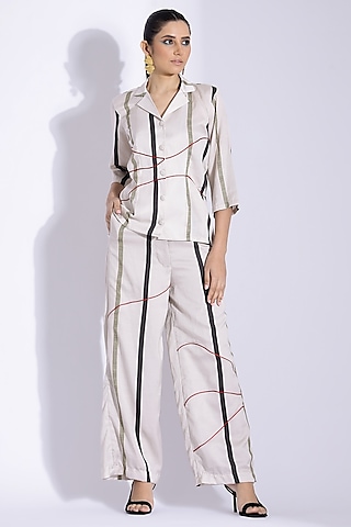 Off-white Cotton Silk Digital Printed Co-Ord Set by Studio Surbhi