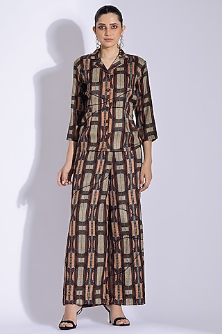 Brown Cotton Silk Digital Printed Co-Ord Set by Studio Surbhi