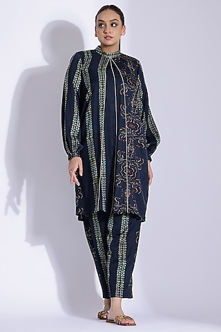 Navy Blue Cotton Silk Digital Printed Kurta Set by Studio Surbhi