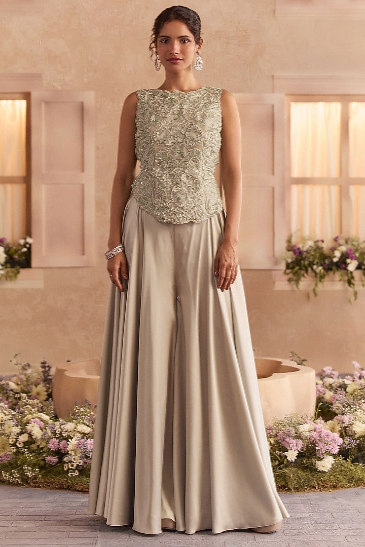 Sage Green Armani Satin Wedding Sharara Set by Studio22 by Pulkita Arora Bajaj at Pernia's Pop Up Shop