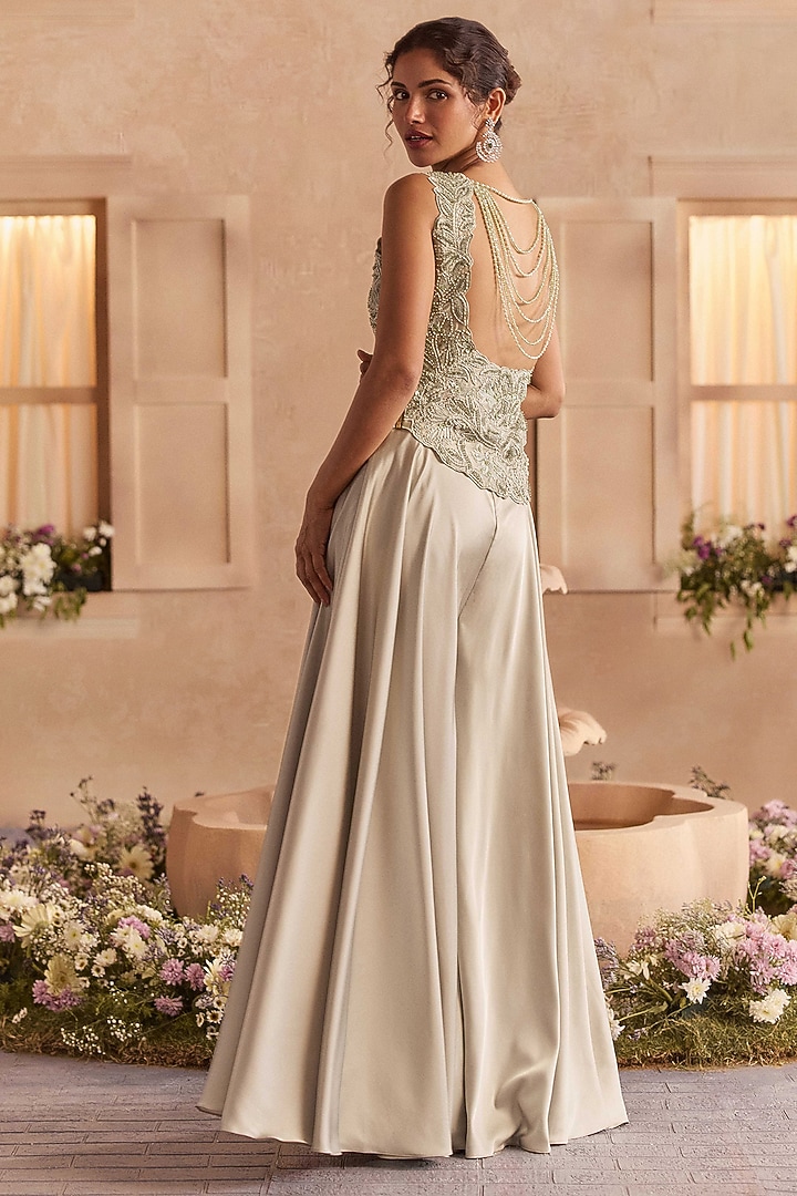 Sage Green Armani Satin Wedding Sharara Set by Studio22 by Pulkita Arora Bajaj at Pernia's Pop Up Shop