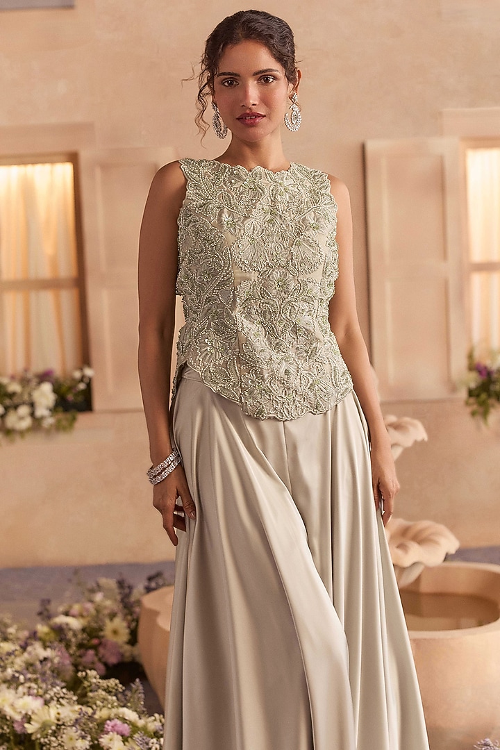 Sage Green Armani Satin Wedding Sharara Set by Studio22 by Pulkita Arora Bajaj at Pernia's Pop Up Shop