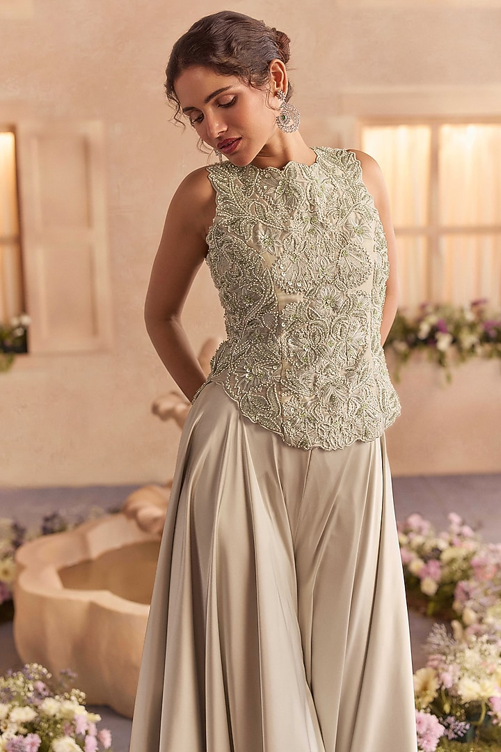 Sage Green Armani Satin Wedding Sharara Set by Studio22 by Pulkita Arora Bajaj at Pernia's Pop Up Shop