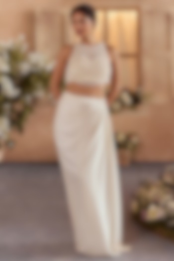 Pearl White Armani Satin Draped Skirt Set by Studio22 by Pulkita Arora Bajaj at Pernia's Pop Up Shop