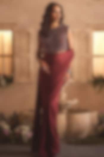 Burgundy Satin Georgette Draped Wedding Saree Set by Studio22 by Pulkita Arora Bajaj at Pernia's Pop Up Shop