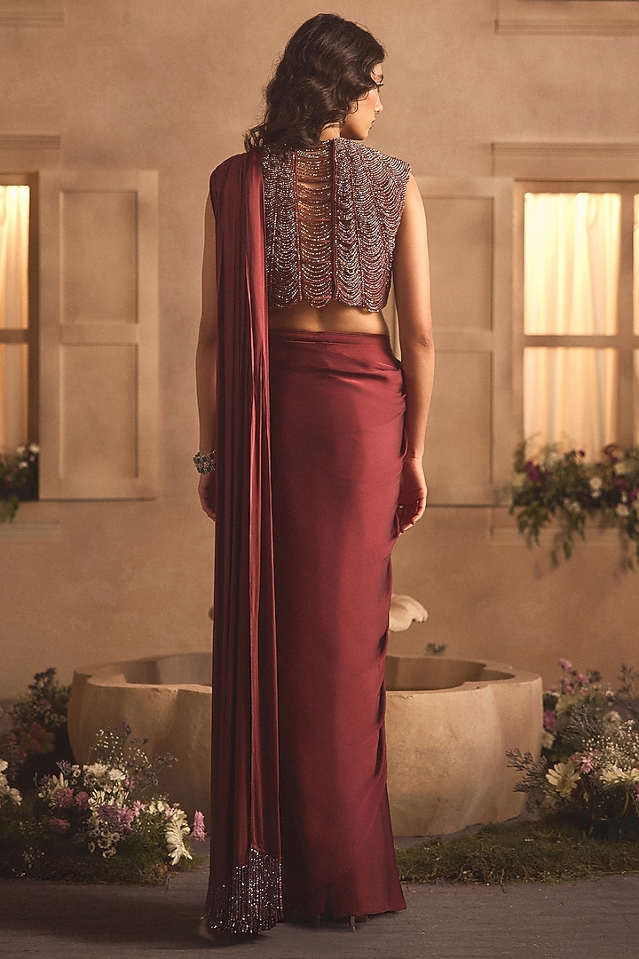 Burgundy Satin Georgette Draped Wedding Saree Set by Studio22 by Pulkita Arora Bajaj at Pernia's Pop Up Shop
