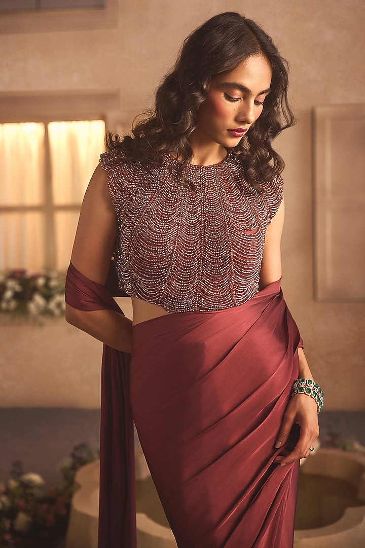 Burgundy Satin Georgette Draped Wedding Saree Set by Studio22 by Pulkita Arora Bajaj at Pernia's Pop Up Shop