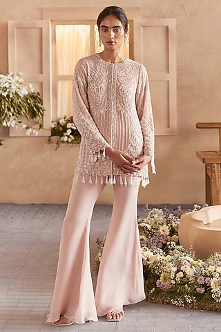 Powder Pink Viscose Organza Flared Pant Set by Studio22 by Pulkita Arora Bajaj