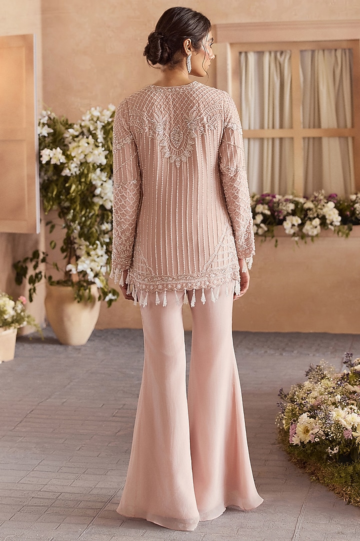 Powder Pink Viscose Organza Flared Pant Set by Studio22 by Pulkita Arora Bajaj at Pernia's Pop Up Shop
