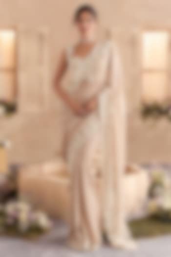 Almond Cream Viscose Organza Draped Wedding Saree Set by Studio22 by Pulkita Arora Bajaj at Pernia's Pop Up Shop