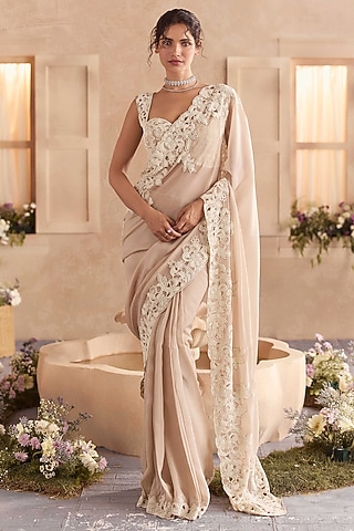 Almond Cream Viscose Organza Draped Saree Set by Studio22 by Pulkita Arora Bajaj