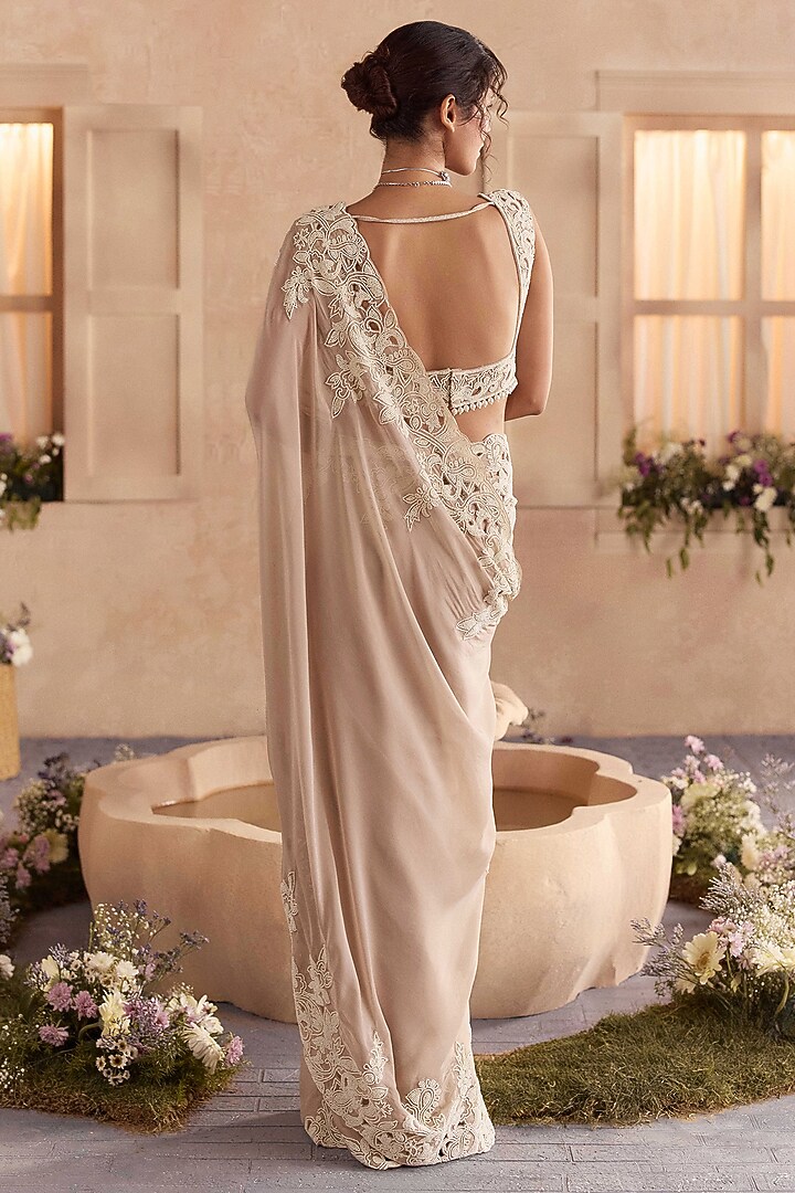 Almond Cream Viscose Organza Draped Wedding Saree Set by Studio22 by Pulkita Arora Bajaj at Pernia's Pop Up Shop