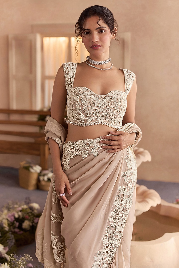 Almond Cream Viscose Organza Draped Wedding Saree Set by Studio22 by Pulkita Arora Bajaj at Pernia's Pop Up Shop