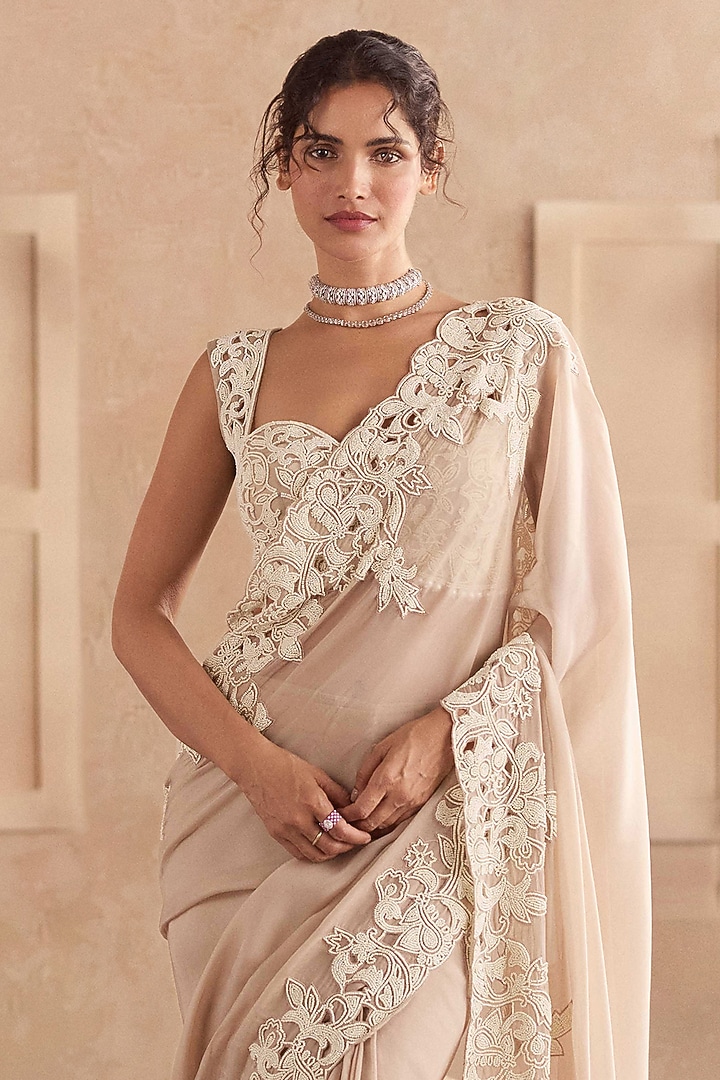 Almond Cream Viscose Organza Draped Wedding Saree Set by Studio22 by Pulkita Arora Bajaj at Pernia's Pop Up Shop