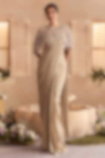 Champagne Beige Satin Georgette Draped Wedding Saree Set by Studio22 by Pulkita Arora Bajaj at Pernia's Pop Up Shop