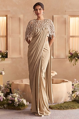 Champagne Beige Satin Georgette Draped Saree Set by Studio22 by Pulkita Arora Bajaj