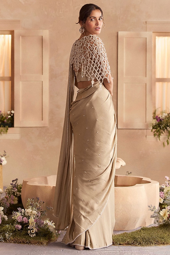 Champagne Beige Satin Georgette Draped Wedding Saree Set by Studio22 by Pulkita Arora Bajaj at Pernia's Pop Up Shop