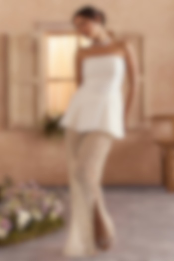 Pearl White Knit Open-Slit Pant Set by Studio22 by Pulkita Arora Bajaj at Pernia's Pop Up Shop