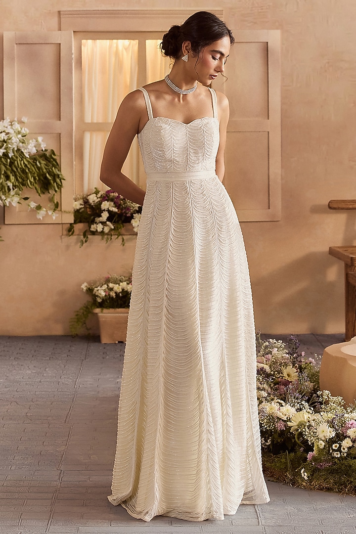 Pearl White Pure Organza Pearl Embroidered A-Line Engagement Gown by Studio22 by Pulkita Arora Bajaj at Pernia's Pop Up Shop