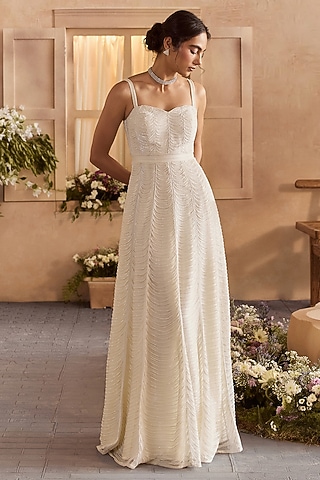 Pearl White Pure Organza Pearl Embroidered A-Line Gown by Studio22 by Pulkita Arora Bajaj