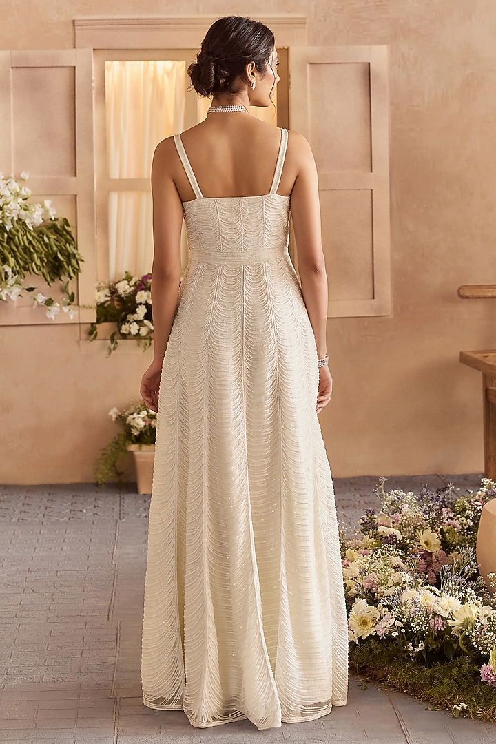 Pearl White Pure Organza Pearl Embroidered A-Line Engagement Gown by Studio22 by Pulkita Arora Bajaj at Pernia's Pop Up Shop