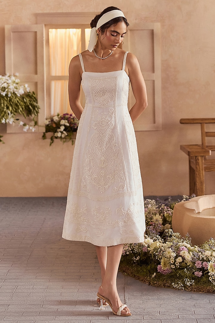 Pearl White Pure Organza Beads Embellished Midi Vacation Dress by Studio22 by Pulkita Arora Bajaj at Pernia's Pop Up Shop
