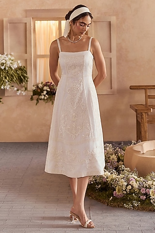 Pearl White Pure Organza Beads Embellished Midi Dress by Studio22 by Pulkita Arora Bajaj