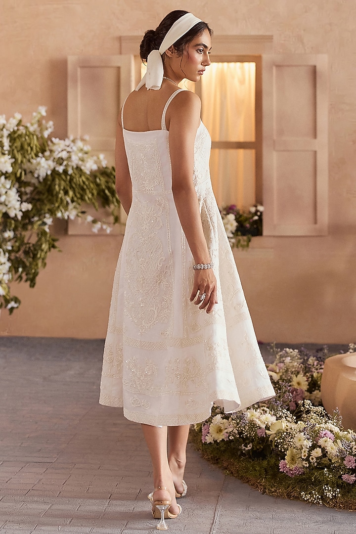 Pearl White Pure Organza Beads Embellished Midi Vacation Dress by Studio22 by Pulkita Arora Bajaj at Pernia's Pop Up Shop