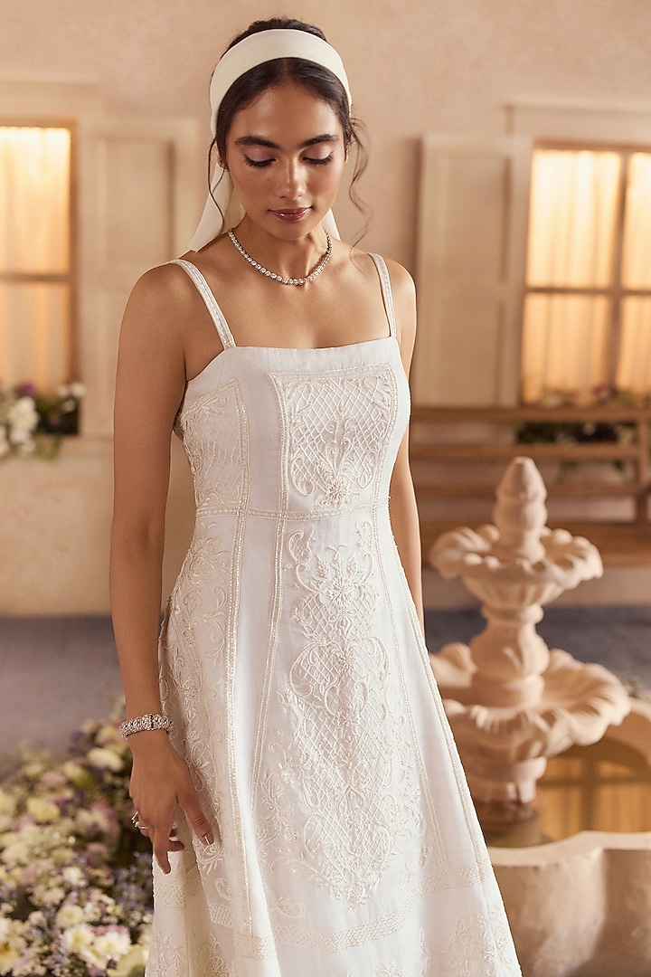 Pearl White Pure Organza Beads Embellished Midi Vacation Dress by Studio22 by Pulkita Arora Bajaj at Pernia's Pop Up Shop
