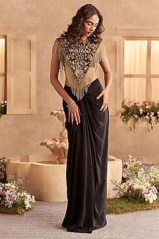 Midnight Black Crepe Draped Skirt Set by Studio22 by Pulkita Arora Bajaj