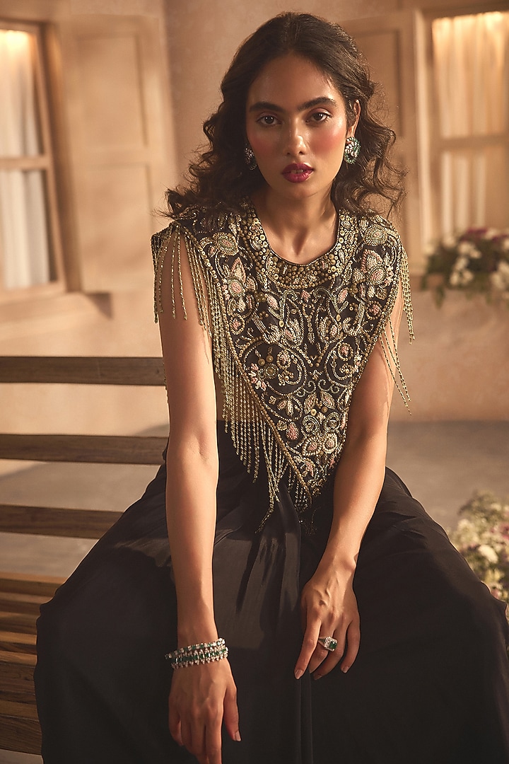 Midnight Black Crepe Draped Skirt Set by Studio22 by Pulkita Arora Bajaj at Pernia's Pop Up Shop