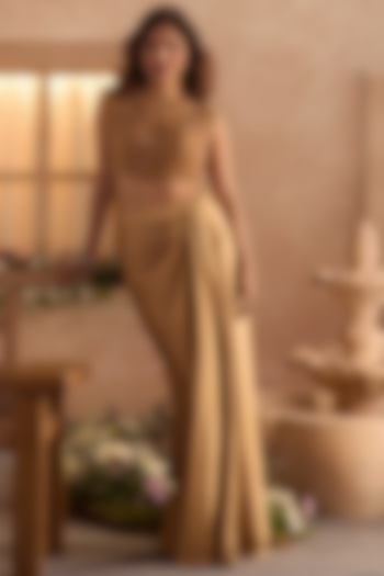 Sand Gold Armani Satin Draped Skirt Set by Studio22 by Pulkita Arora Bajaj at Pernia's Pop Up Shop