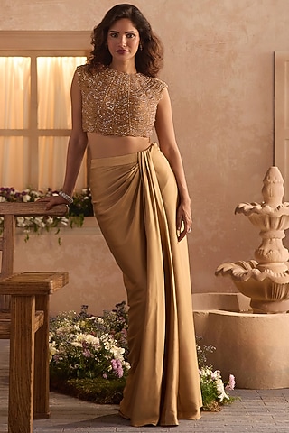 Sand Gold Armani Satin Draped Skirt Set by Studio22 by Pulkita Arora Bajaj